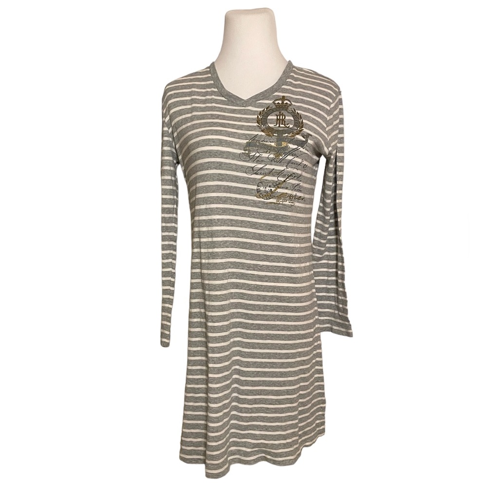 Lauren Ralph Lauren S Gray White Stripe 100% Cotton Night Shirt Lingerie Pajama